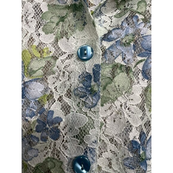 Vtg Sheer Floral Lace Top Button Up 16W Blue Green Pastel Cottagecore Romantic - Picture 3 of 8